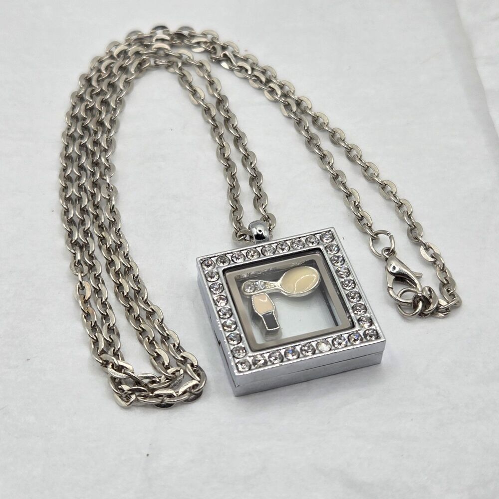 Long Floating Charm Locket Necklace Silver Tone Chain Crystal Accents 29 in.